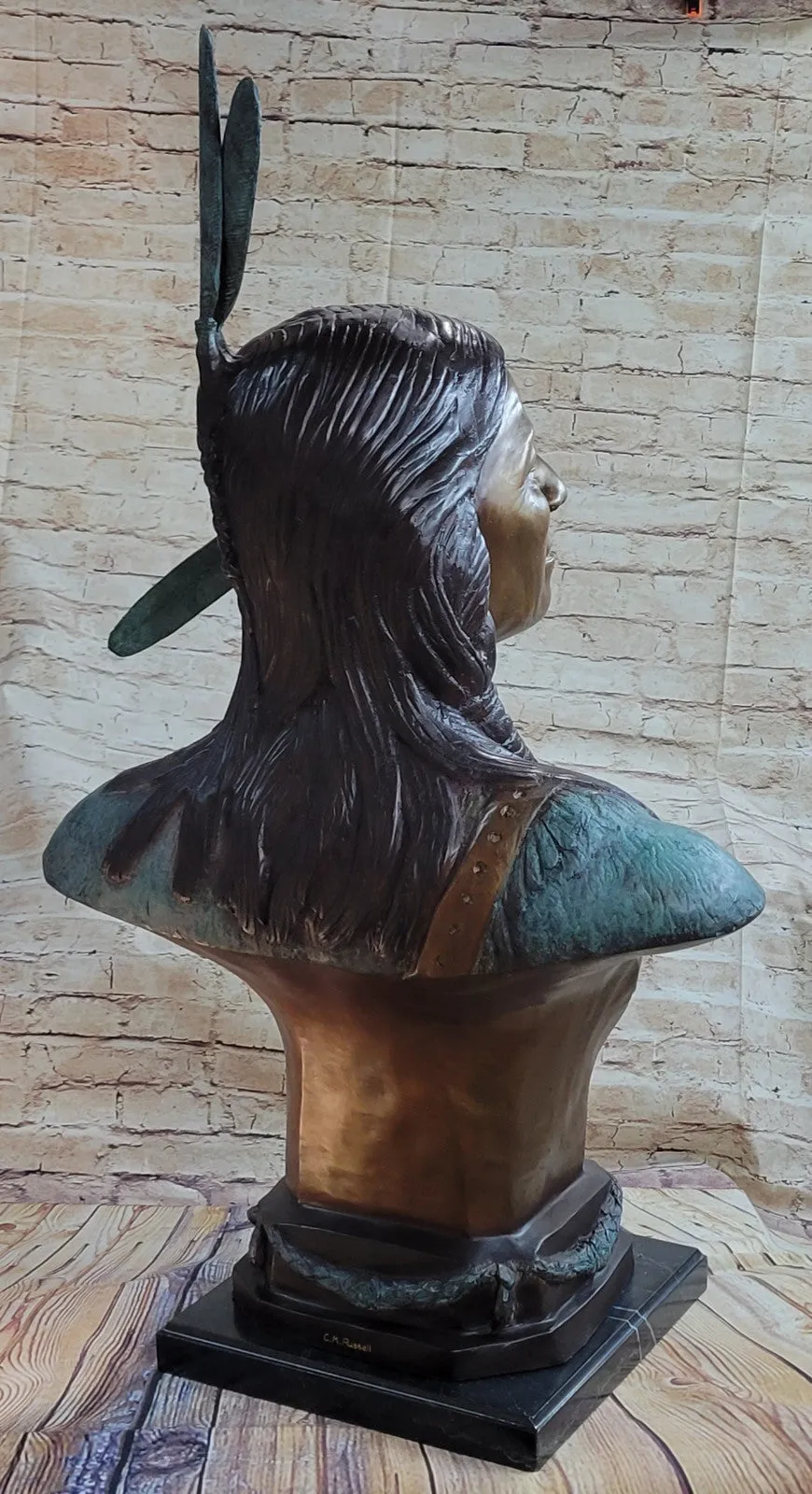 LIFE SIZE BUST INDIAN CHIEF BRONZE STATUE BY RUSSELLE HOT CAST MARBLE FIGURINE