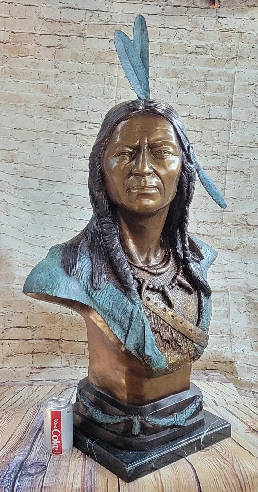 LIFE SIZE BUST INDIAN CHIEF BRONZE STATUE BY RUSSELLE HOT CAST MARBLE FIGURINE