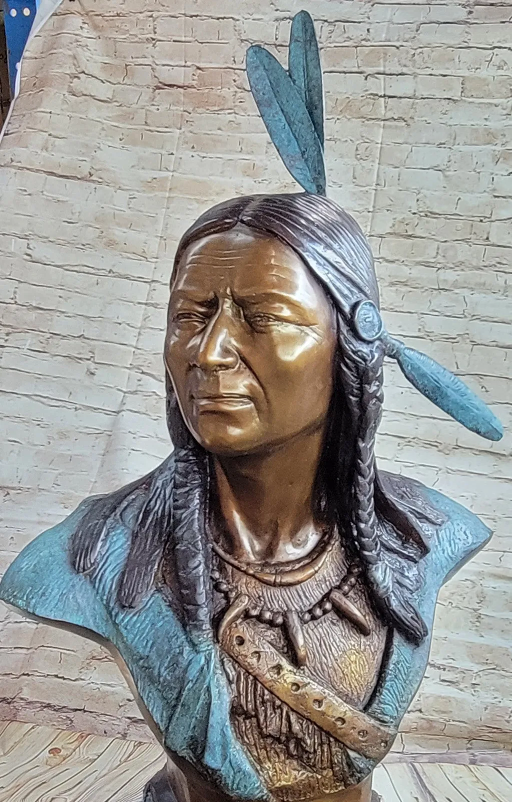 LIFE SIZE BUST INDIAN CHIEF BRONZE STATUE BY RUSSELLE HOT CAST MARBLE FIGURINE