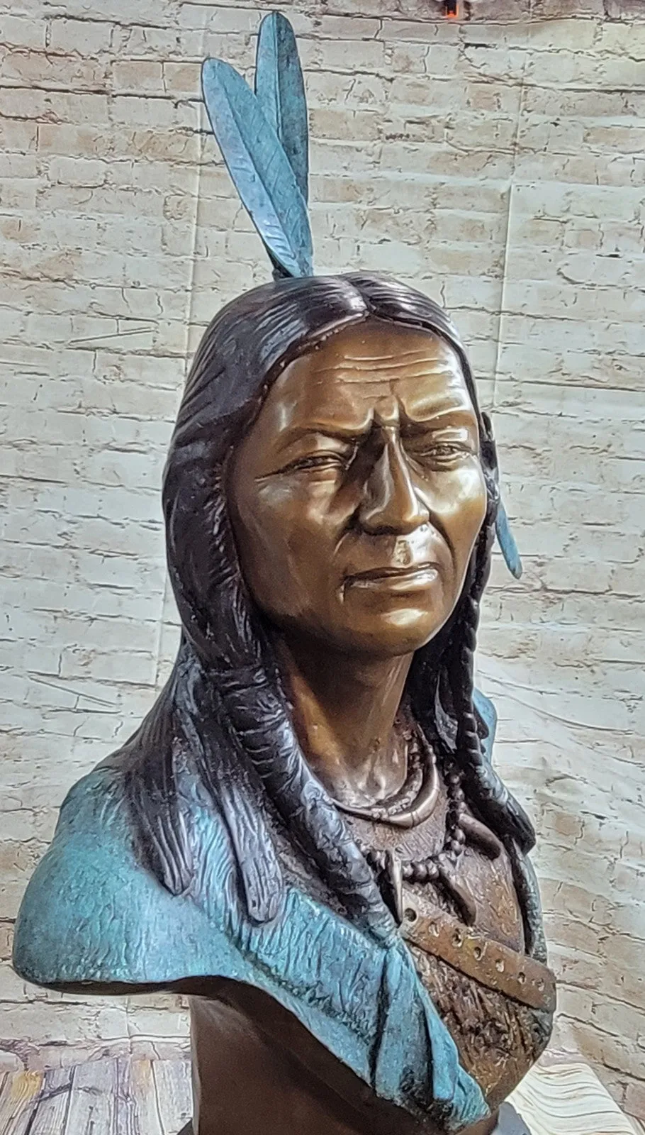 LIFE SIZE BUST INDIAN CHIEF BRONZE STATUE BY RUSSELLE HOT CAST MARBLE FIGURINE