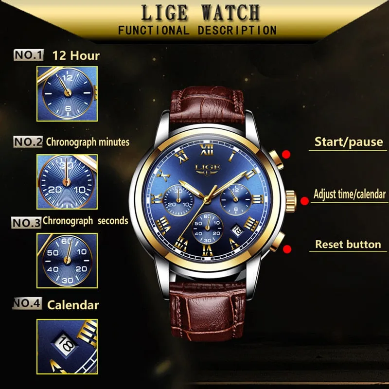 LIGE Watches Men Sports Waterproof Date Analogue Quartz Men's Watches Chronograph Business Watches For Men Relogio Masculino Box