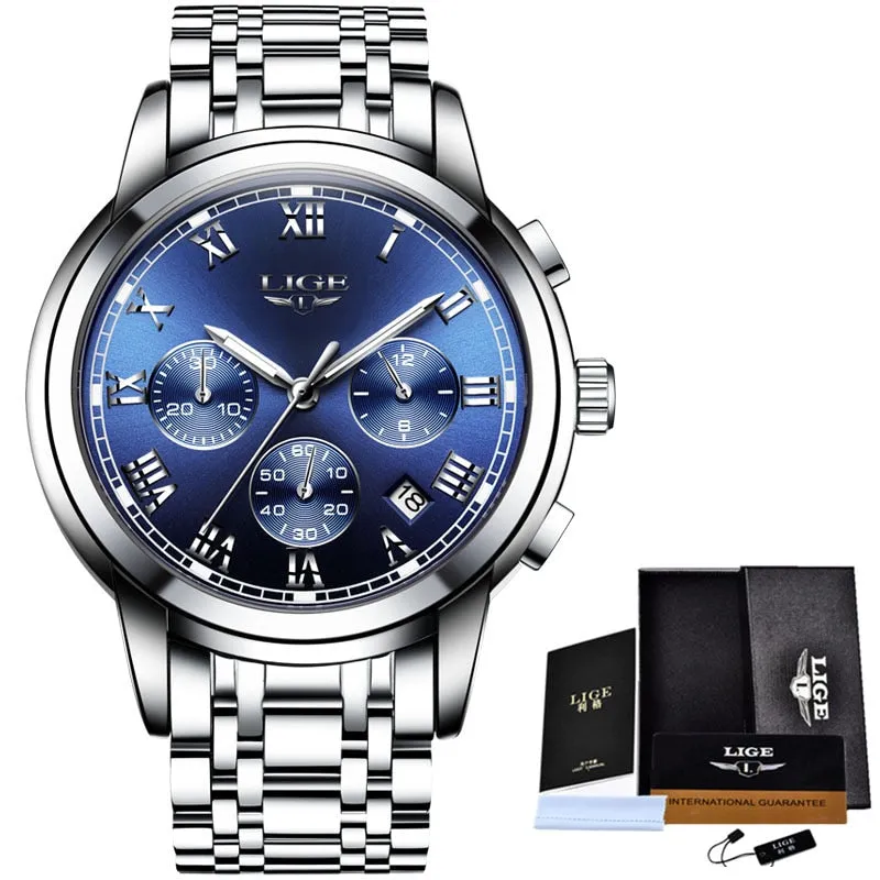 LIGE Watches Men Sports Waterproof Date Analogue Quartz Men's Watches Chronograph Business Watches For Men Relogio Masculino Box