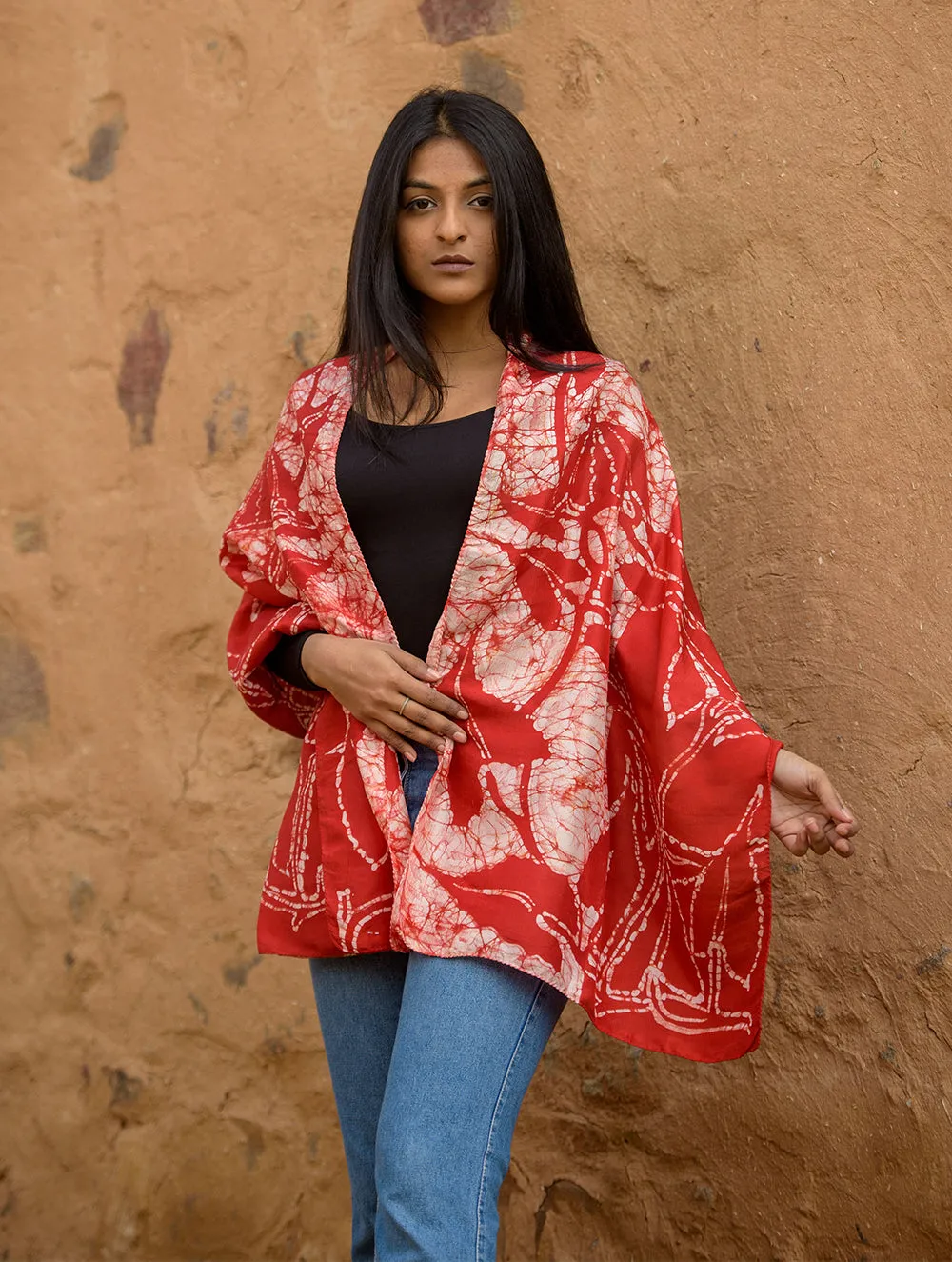 Light & Elegant Silk Batik Stole - Deep Red & Beige