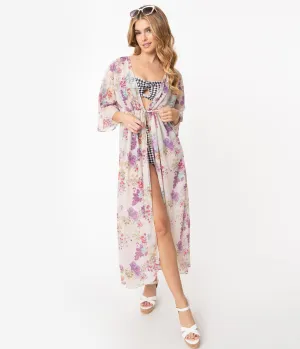 Light Beige & Purple Floral Kimono Swim Cover Up