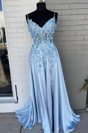 Light Blue A-line 3D Flowers Satin Long Prom Dress