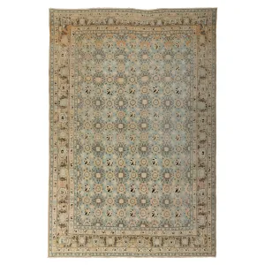 Light Blue & Cream Vintage Traditional Wool Rug - 6'9" x 10'