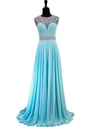 Light Blue Beaded Crystals Sheer Back African Chiffon Prom Dress