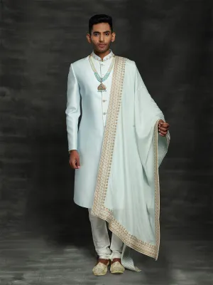 Light Blue Charming Silk Sherwani With Golden Border Dupatta