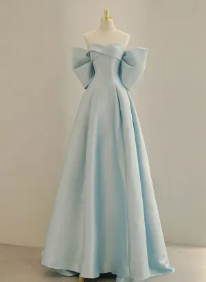 Light Blue Chic Satin Off Shoulder Long Party Dress, A-line Light Blue Formal Dress