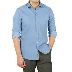 Light Blue Cotton Denim Fitted Body Shirt