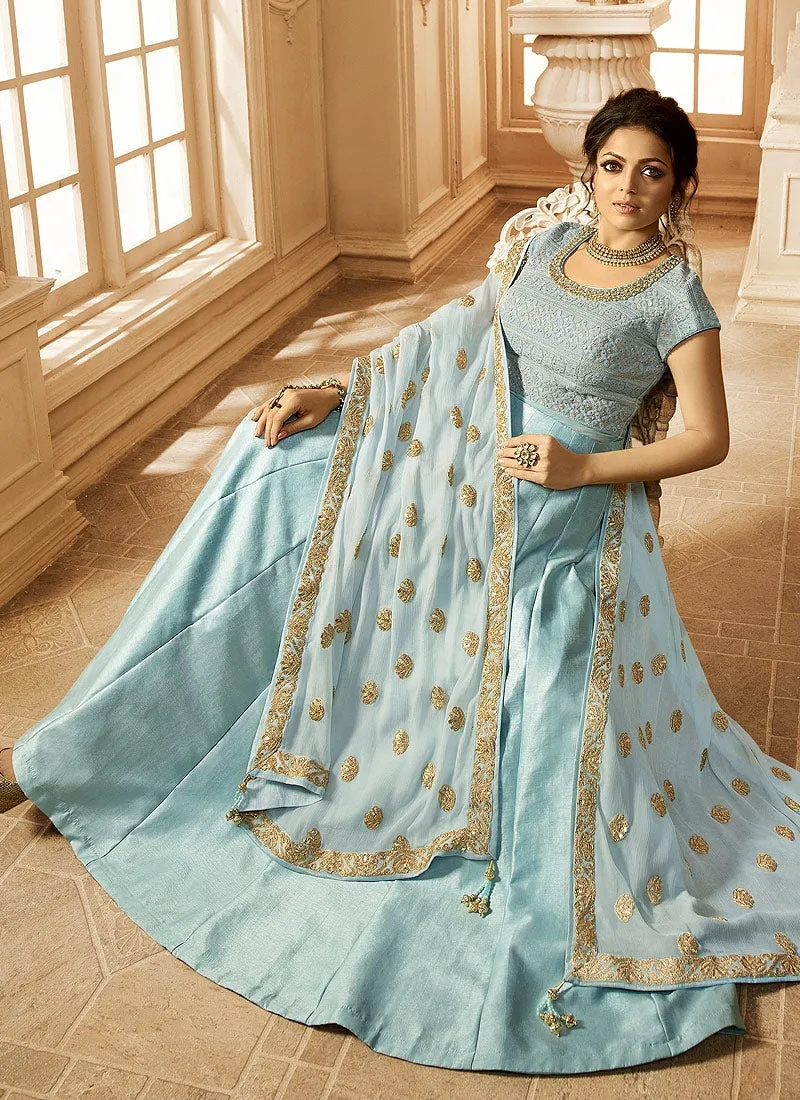 Light Blue Cutout Detail Bunch Embroidered Anarkali Suit