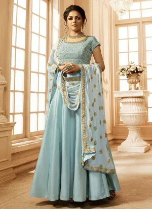 Light Blue Cutout Detail Bunch Embroidered Anarkali Suit