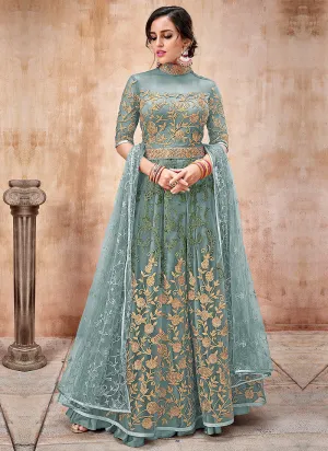 Light Blue Embroidered Flared Anarkali Suit