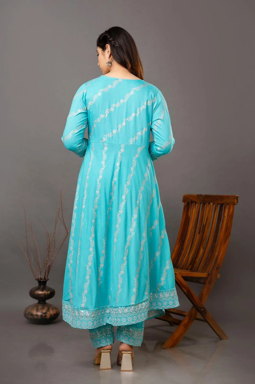 Light Blue Embroidered Kurta Set with Designer Pant & Lace Dupatta - 3 Piece Ensemble