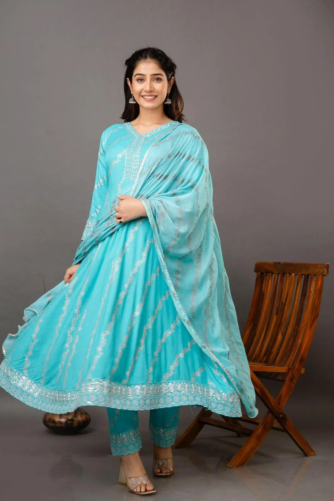 Light Blue Embroidered Kurta Set with Designer Pant & Lace Dupatta - 3 Piece Ensemble