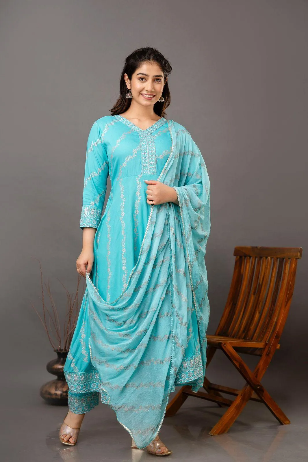 Light Blue Embroidered Kurta Set with Designer Pant & Lace Dupatta - 3 Piece Ensemble