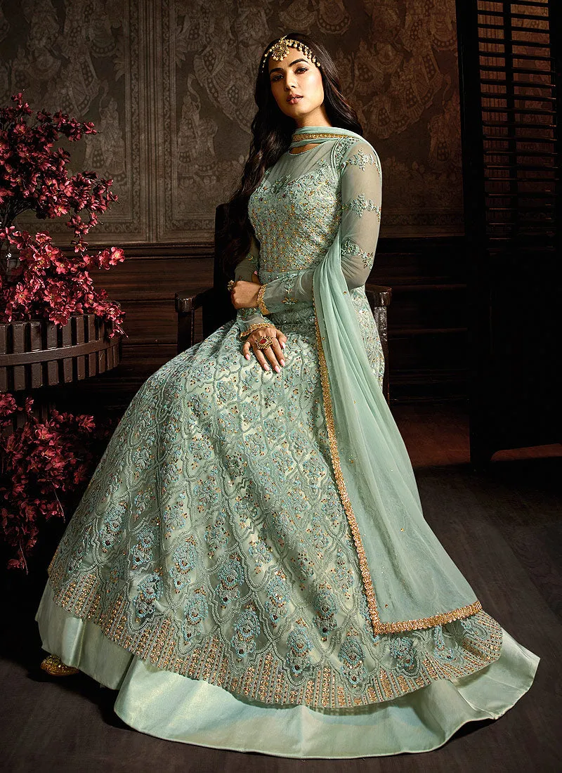 Light Blue Embroidered Layered Anarkali Suit