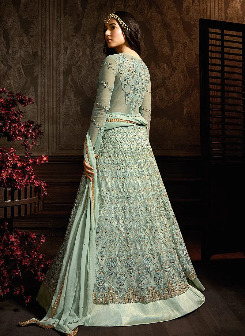 Light Blue Embroidered Layered Anarkali Suit