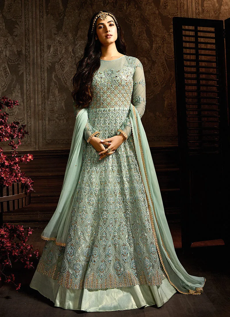 Light Blue Embroidered Layered Anarkali Suit