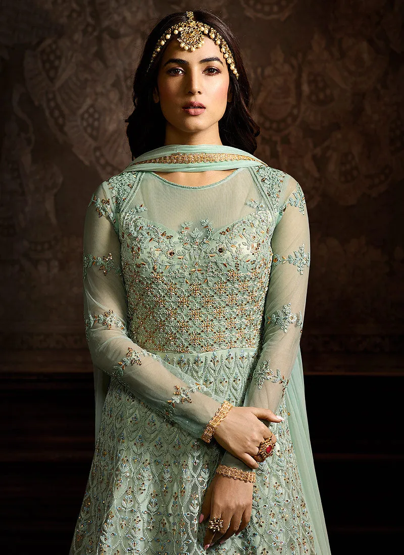 Light Blue Embroidered Layered Anarkali Suit