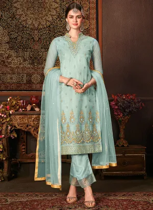 Light Blue Embroidered Pakistani Pants Suit