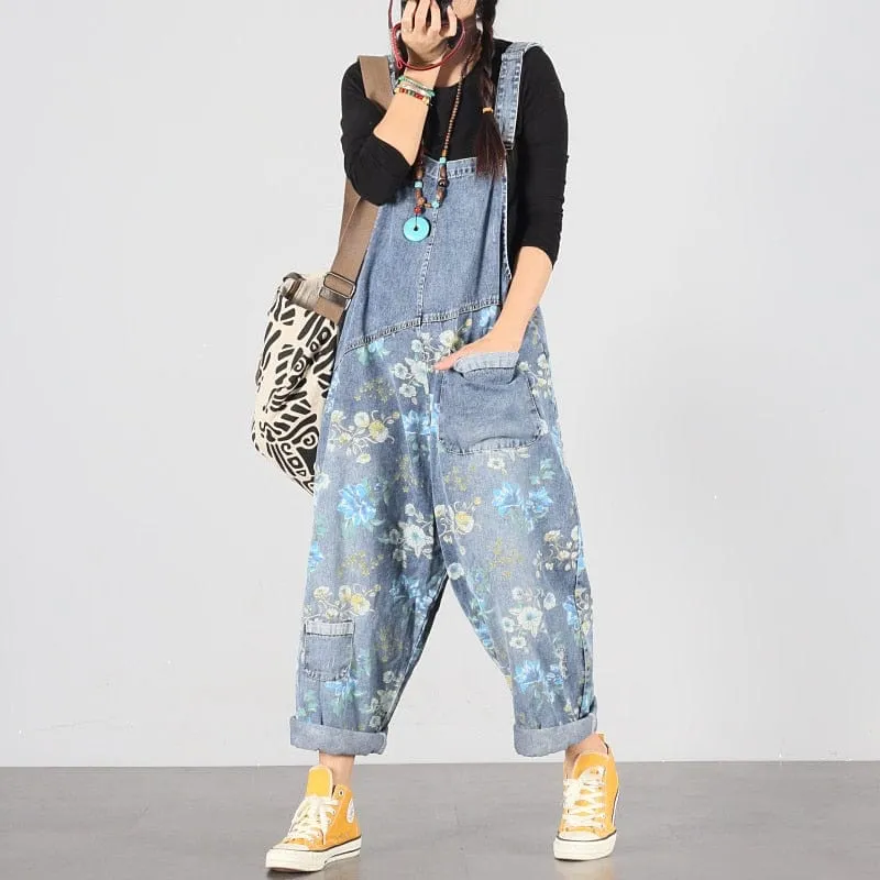 Light Blue Floral Denim Overall