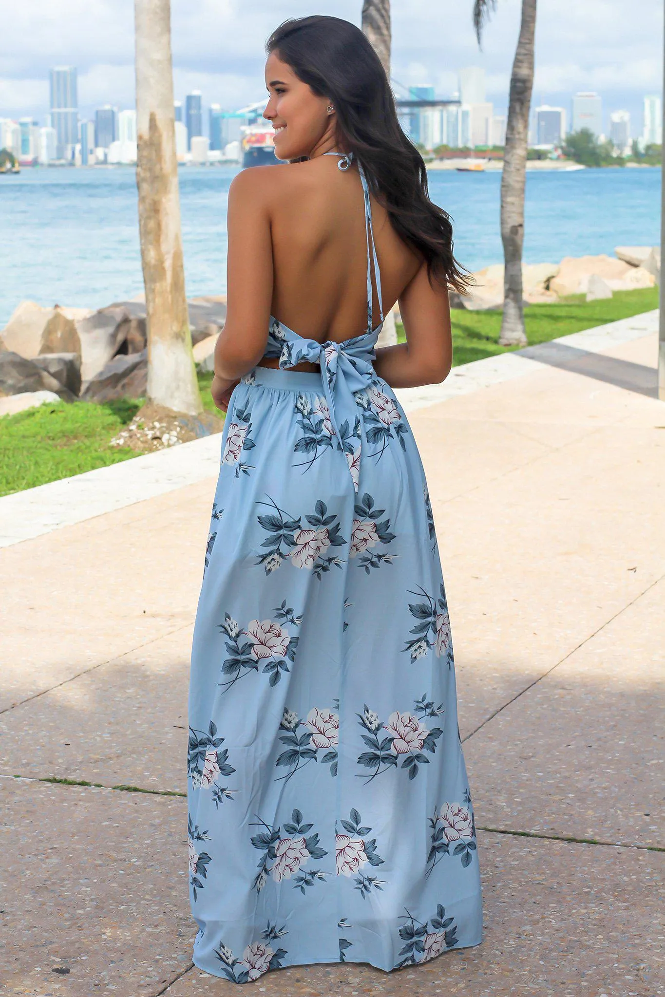 Light Blue Floral Maxi Dress with Front Twist