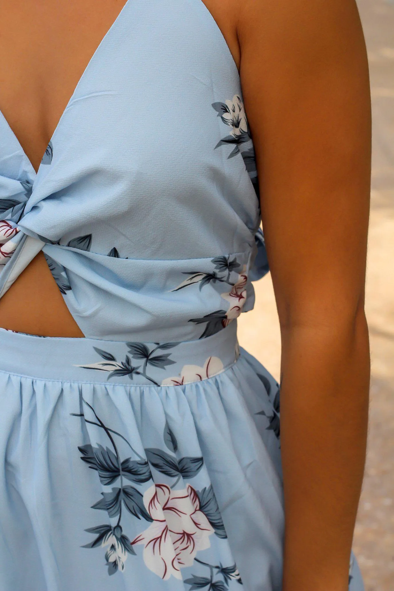 Light Blue Floral Maxi Dress with Front Twist