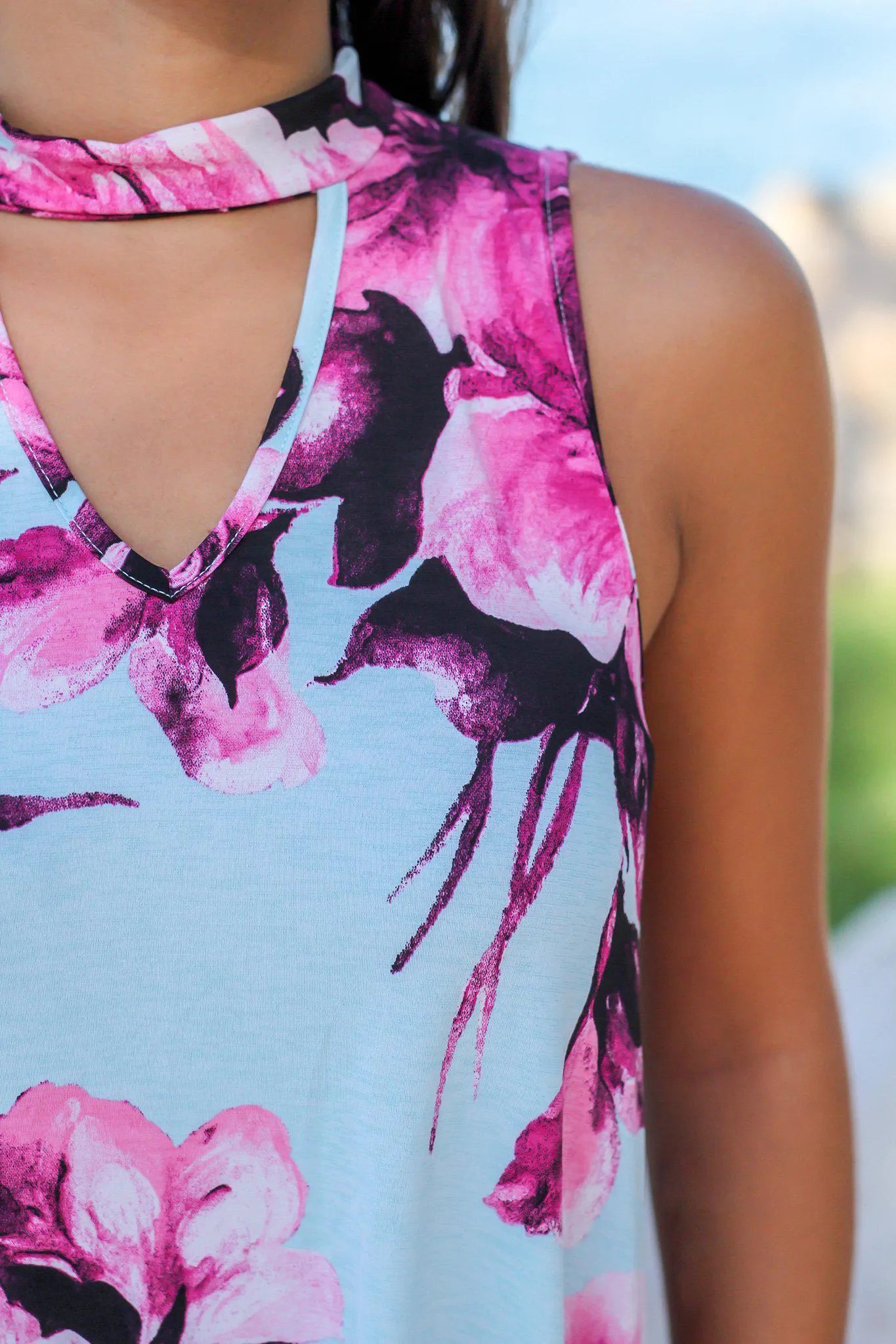 Light Blue Floral Mock Neck Short Dress