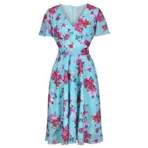 Light Blue Floral Split Sleeve Retro Swing Dress