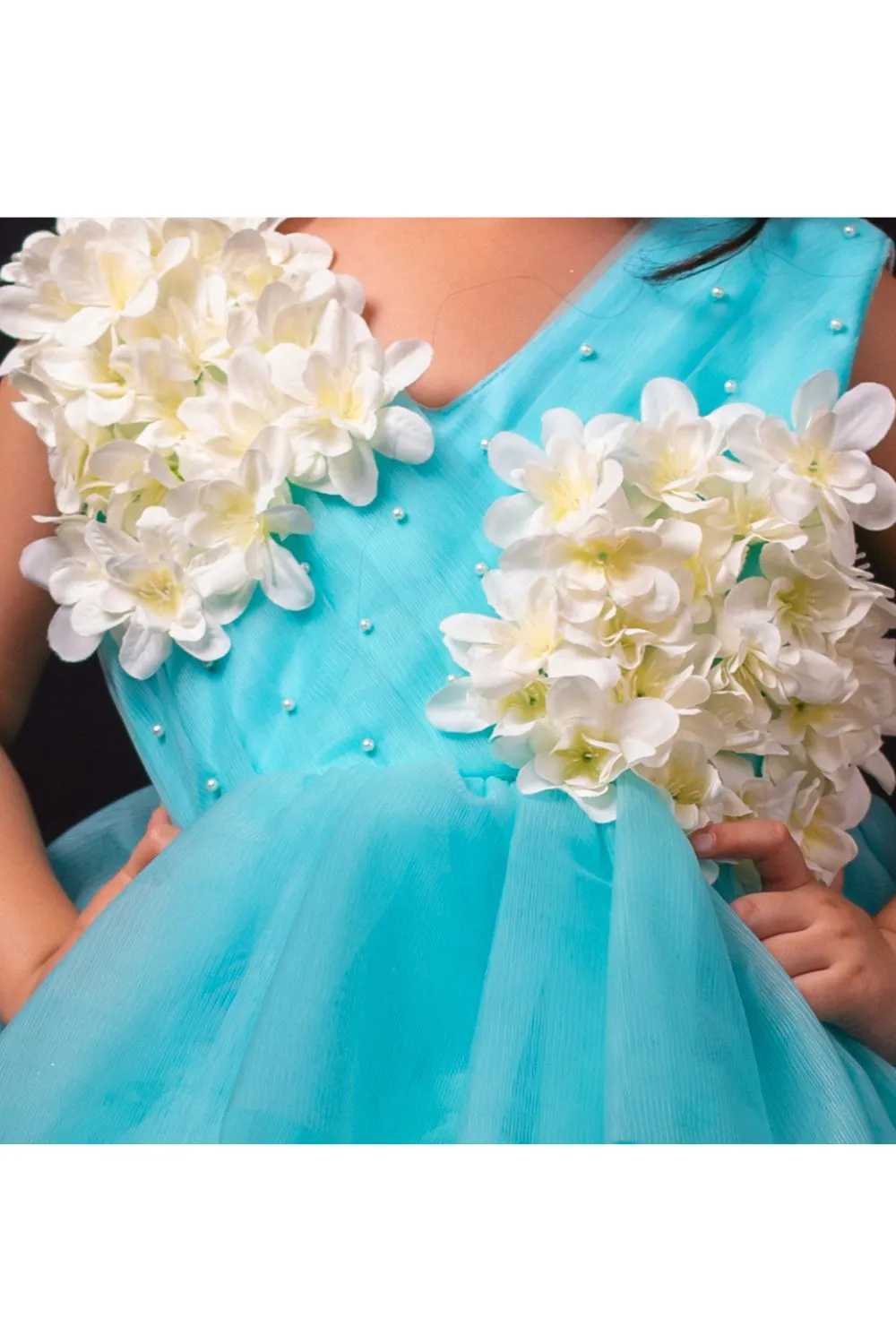 Light Blue Flower Detailing Net Frill Dress