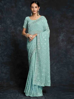 Light Blue Georgette Embroidered Saree With Unstitched Blouse