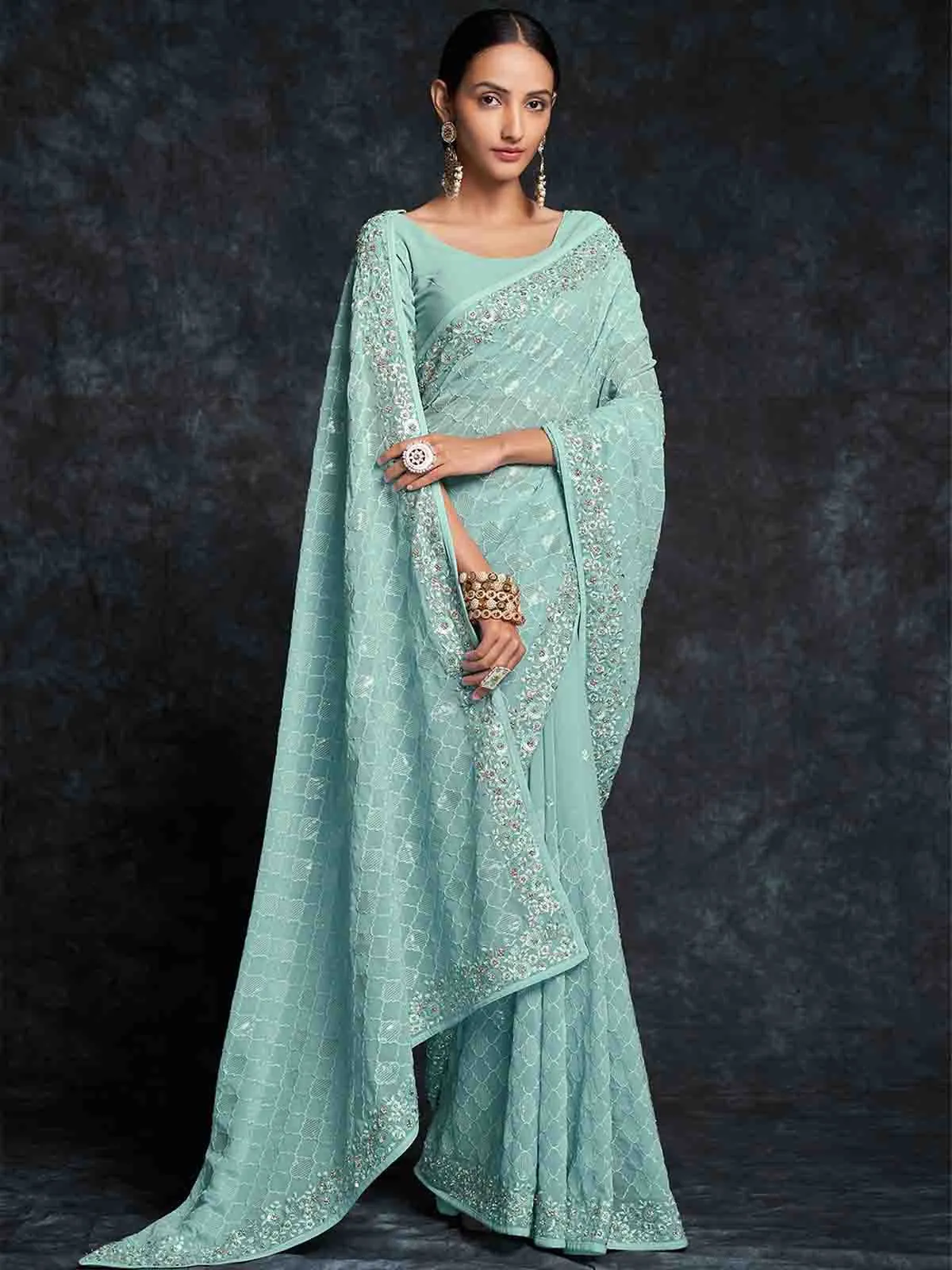 Light Blue Georgette Embroidered Saree With Unstitched Blouse