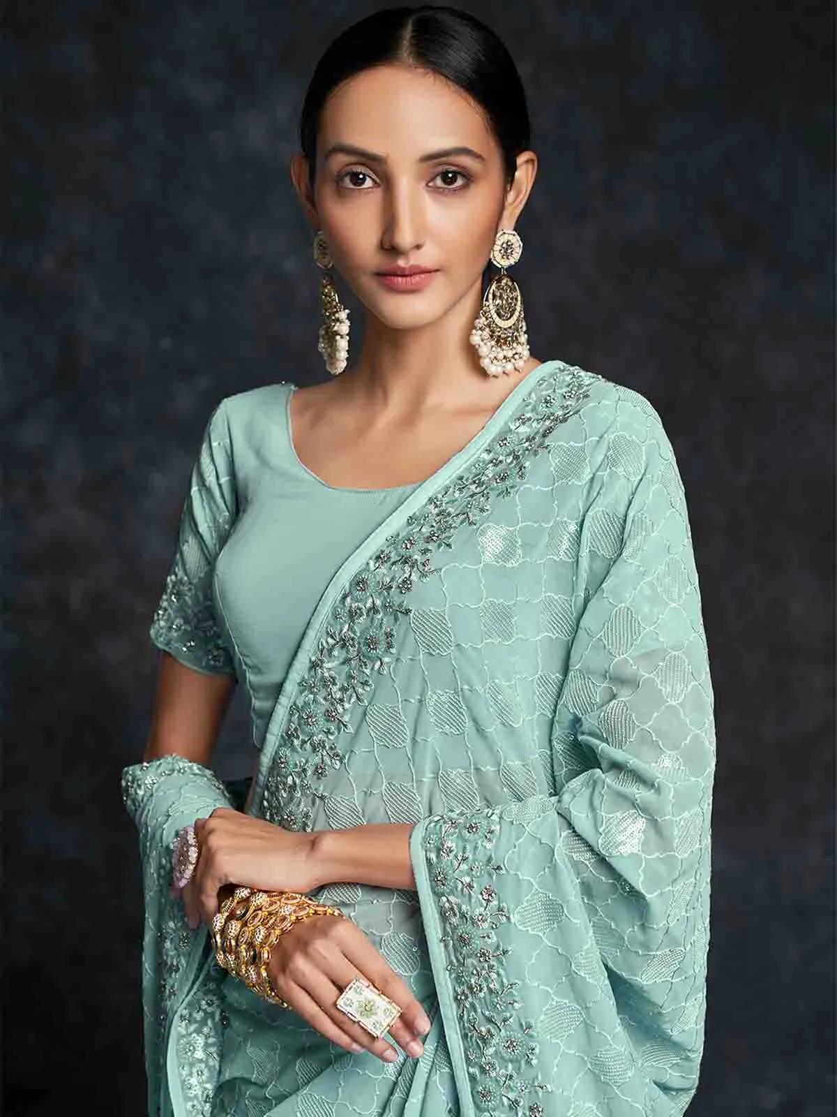 Light Blue Georgette Embroidered Saree With Unstitched Blouse