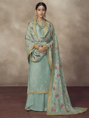 Light Blue Golden Embroidered Designer Silk Palazzo Suit