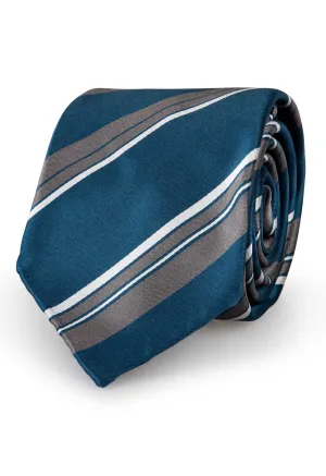 Light blue, grey & white asymmetrical striped unlined silk hand made unlined tie