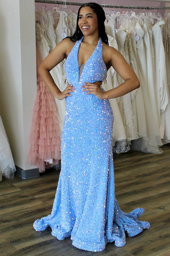 Light Blue Iridescent Sequin Halter Trumpet Long Prom Dress