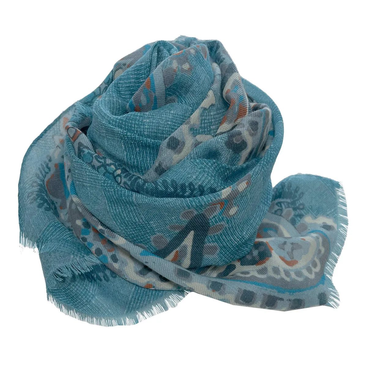 Light blue macro paisley Prince of Wales wool scarf