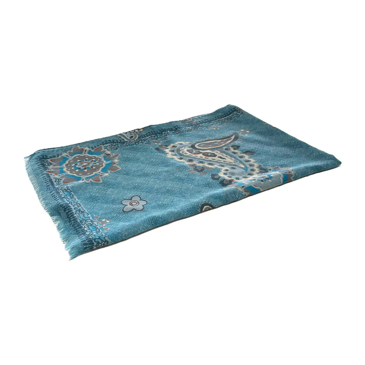 Light blue macro paisley Prince of Wales wool scarf