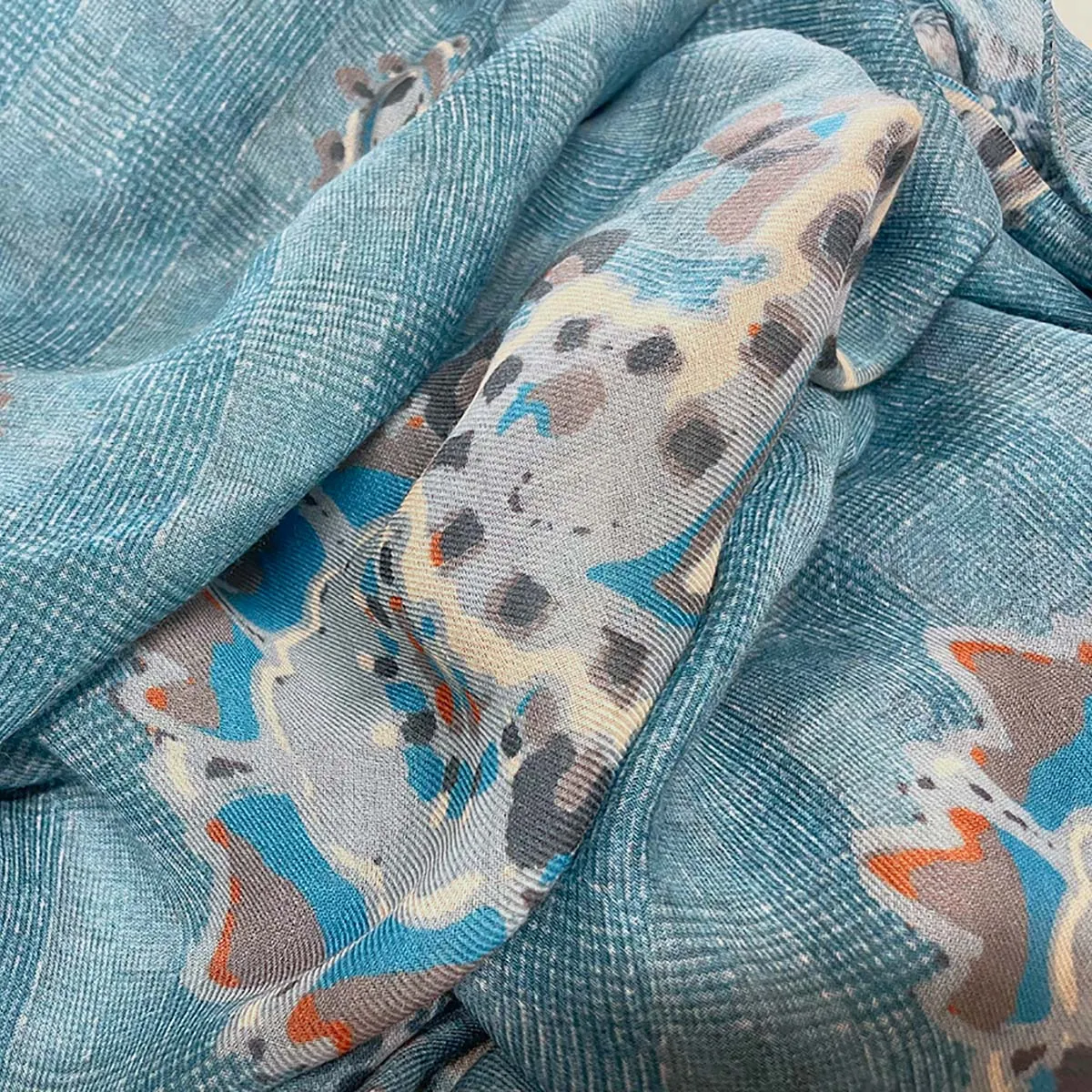 Light blue macro paisley Prince of Wales wool scarf