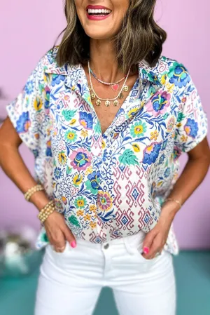 Light Blue Mixed Floral Print Collared Dolman Blouse