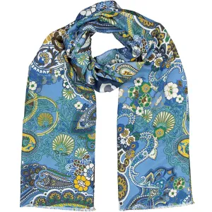 Light blue paisley & floral silk & cotton fringed scarf