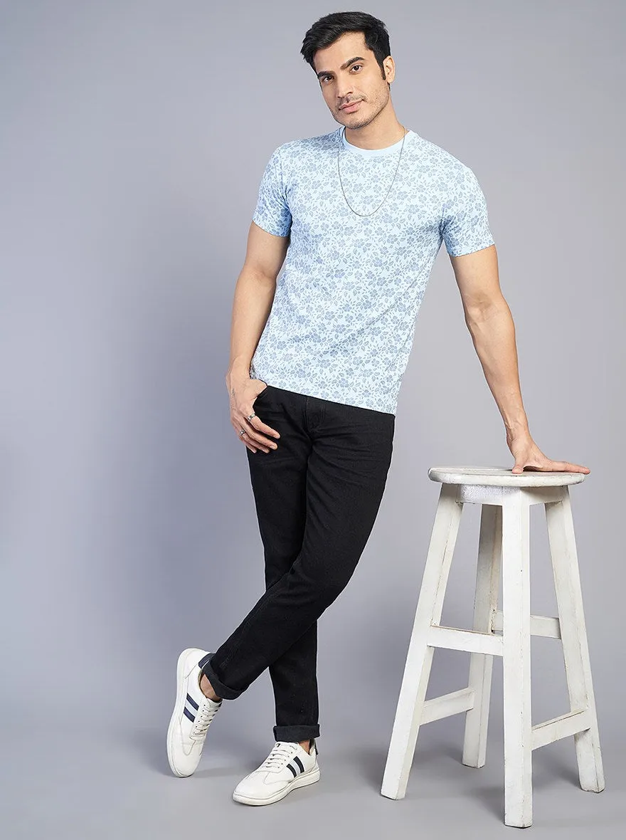 Light Blue Printed Slim Fit T-Shirt | JadeBlue