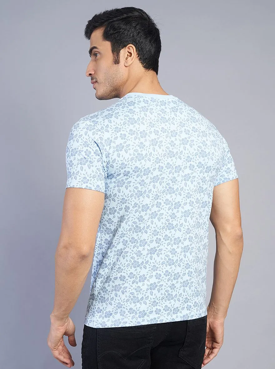 Light Blue Printed Slim Fit T-Shirt | JadeBlue