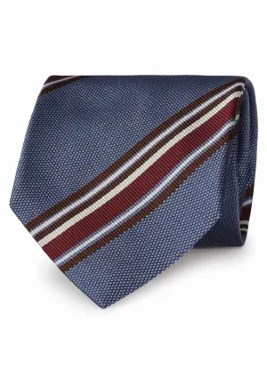 light blue, red, white & brown asymmetrical striped hand made tie