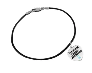 Light Blue Ribbon Prostate Cancer Awareness Heart Charm Leather Bracelets