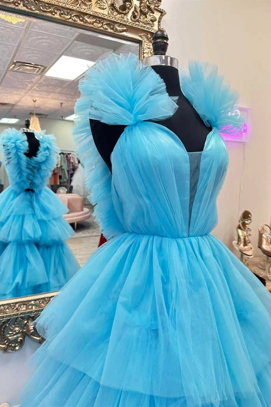 Light Blue Ruffle Straps A-Line Tiered Prom Dress