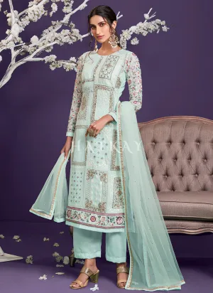 Light Blue Sequence Embroidered Pant Suit