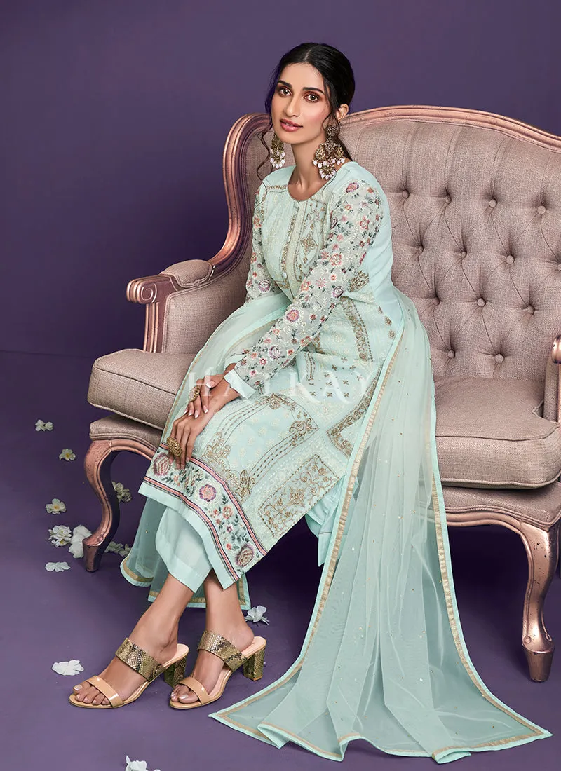 Light Blue Sequence Embroidered Pant Suit