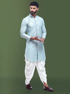 Light Blue Shining Kurta in Cotton Silk for Men